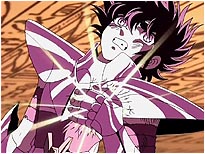 Seiya é atingido pelo golpe Balança da Maldição do Faraó!