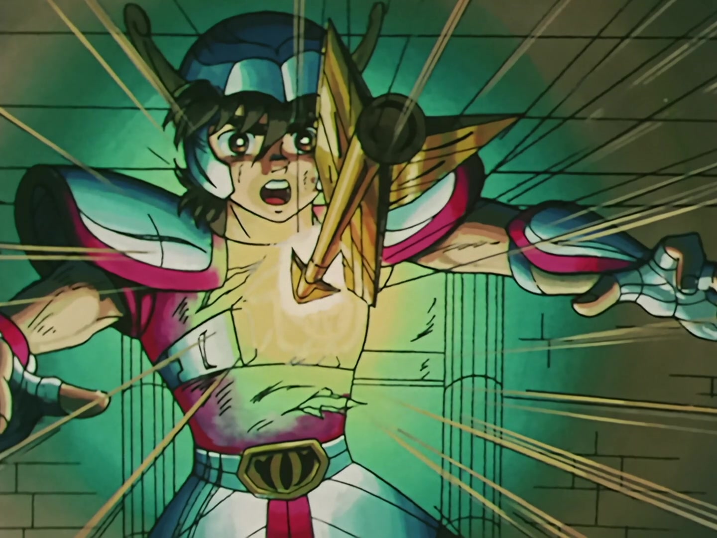 Seiya é atacado por uma flecha disparada pela Armadura de Ouro de Sagitário!